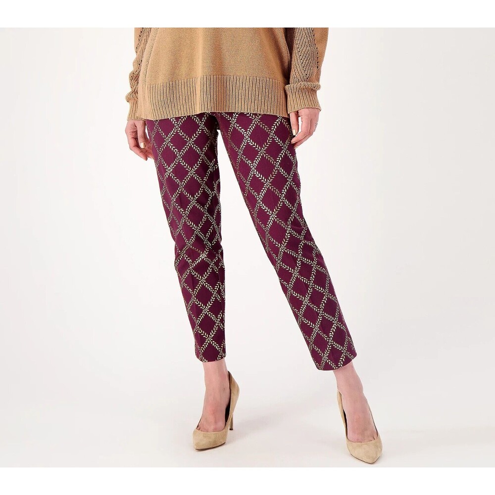 New Womens Isaac Mizrahi Live! Stretch Maroon Red Gold Foil Leaf Pants 14 T Tall